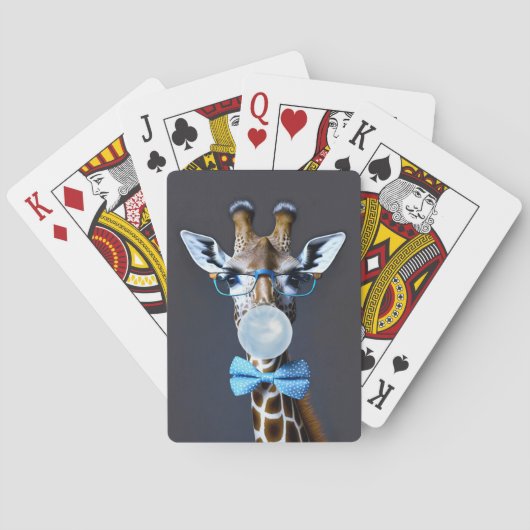 Giraffe mit Brille, Krawatte mit Bugs, blauer Kaug Spielkarten (Rückseite)