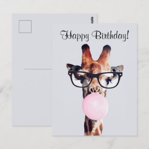 Giraffe mit Brille pustet Kaugummi Alles Gute zum  Postkarte