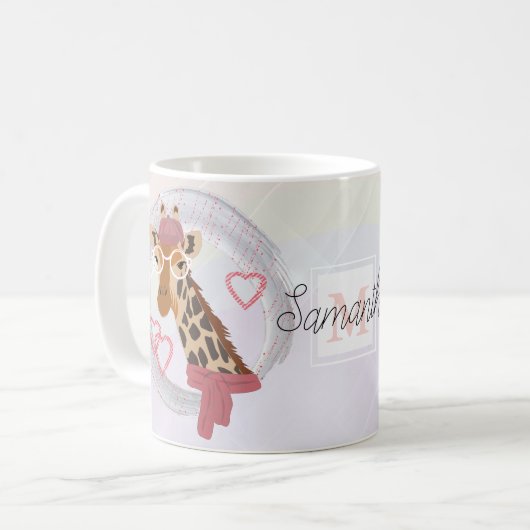Giraffe mit Brille und roter Bettdecke. Kaffeetasse (Vorderseite Links)