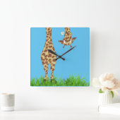 Giraffe mit Daisy auf blau Quadratische Wanduhr (Zuhause)