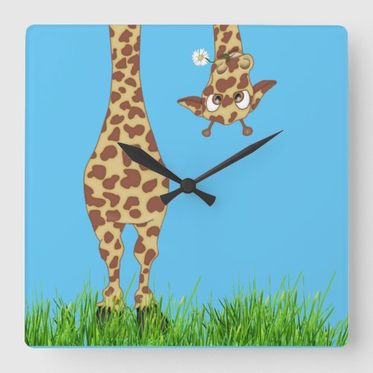 Giraffe mit Daisy auf blau Quadratische Wanduhr (Vorderseite)