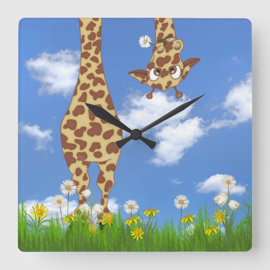 Giraffe mit Daisy auf Sky Quadratische Wanduhr (Vorderseite)