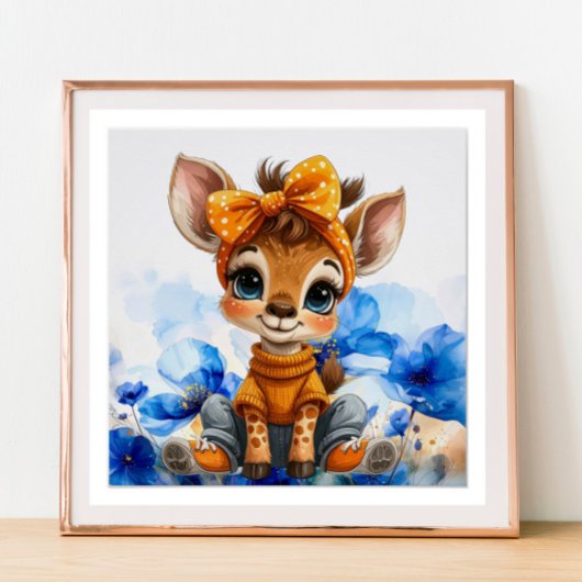 Giraffe mit gepunkteter Schleife blaue Mohnblumen Poster