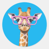 Giraffe mit rosa Brillen Aufkleber blau Hintergrun (Vorderseite)
