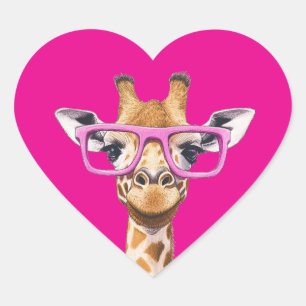 Giraffe mit rosa Brillen dunkelrosa Hintergrund Herz-Aufkleber