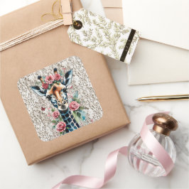 Giraffe mit rosa Rosen und Vintager Spitze Quadratischer Aufkleber