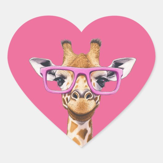 Giraffe mit rosafarbener Brille Rosa Hintergrund Herz-Aufkleber (Vorderseite)