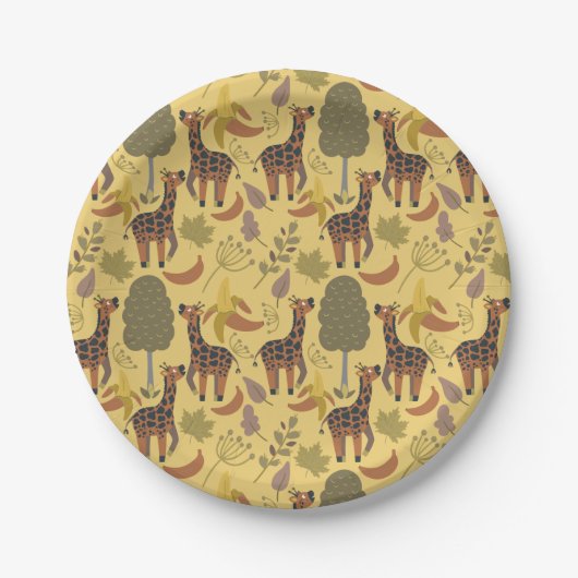 Giraffe nahtloses Muster, gelber Hintergrund Pappteller (Vorderseite)