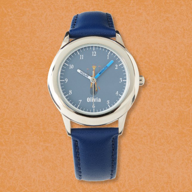 Giraffe on a Unicycle Kid Blue Watch with Name Armbanduhr (Funny giraffe on a unicycle kid personalized beginner watch .)