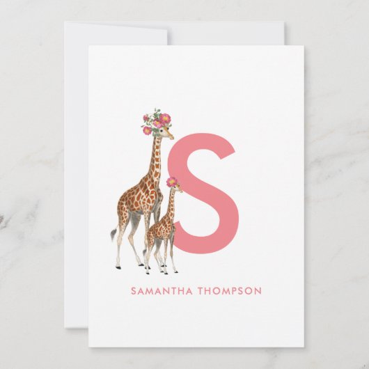 Giraffe Pink Baby Girl Initial Taufen Christening Einladung (Rückseite)