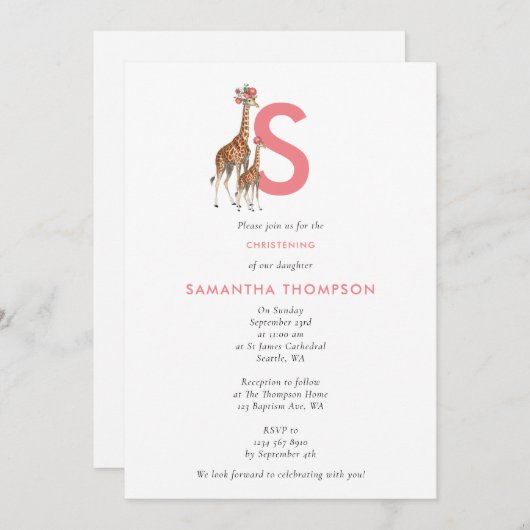 Giraffe Pink Baby Girl Initial Taufen Christening Einladung (Vorne/Hinten)