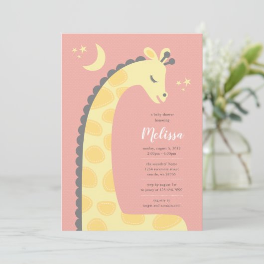 Giraffe Pink Background Baby Dusche Einladung (Stehend Vorderseite)