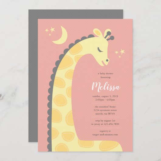 Giraffe Pink Background Baby Dusche Einladung (Vorne/Hinten)