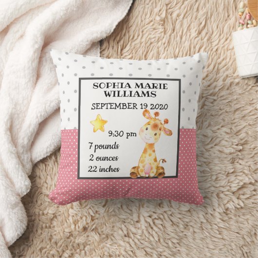 Giraffe Pink Birth Stats Baby Announcement Girl Kissen (Decke)