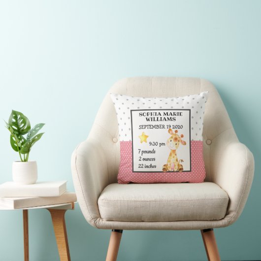 Giraffe Pink Birth Stats Baby Announcement Girl Kissen (Stuhl )