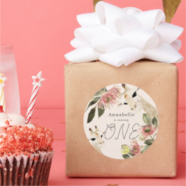 Giraffe Pink Floral Girl 1. Geburtstag Runder Aufkleber