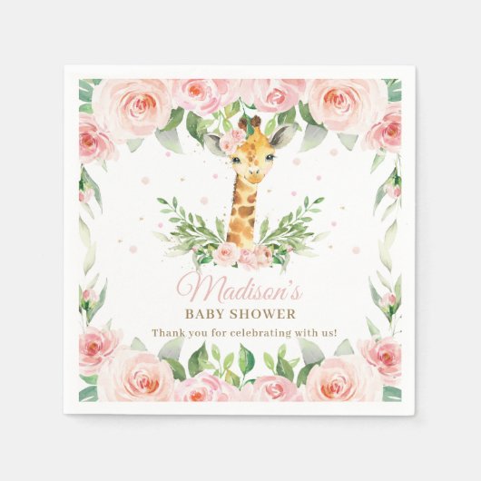 Giraffe Pink Floral Girl Babydusche Geburtstag Serviette (Vorderseite)