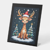 Giraffe Reindeer Hat Santa Christmas Tree Funny Xm Sockelschild (Vorderseite)