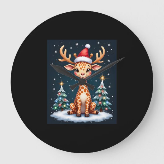 Giraffe Reindeer Hat Weihnachtsbaum Funny Xm Große Wanduhr (Vorderseite)