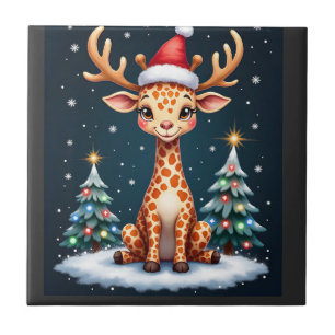Giraffe Rentier Hut Santa Weihnachtsbaum Lustiges Fliese