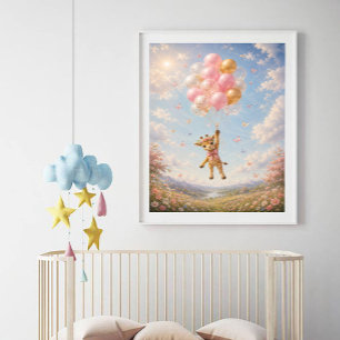 Giraffe rosa schwebende Blumenballons  Poster