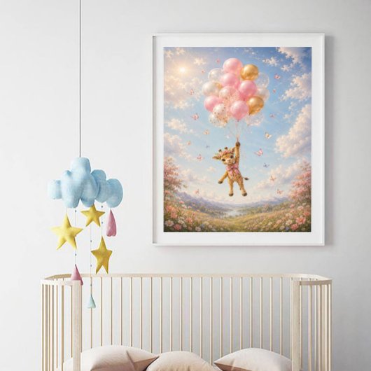 Giraffe rosa schwebende Blumenballons  Poster