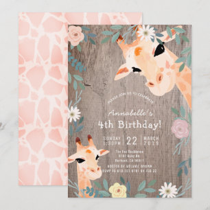 Giraffe Rustic Wood Pink Floral Geburtstag Einladung