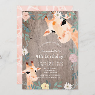 Giraffe Rustic Wood Pink Floral Geburtstag Einladung