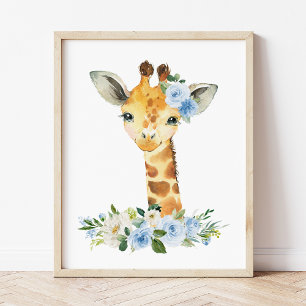 Giraffe, Safari, Dschungel, Blaue Blumen, Jungen-K Poster