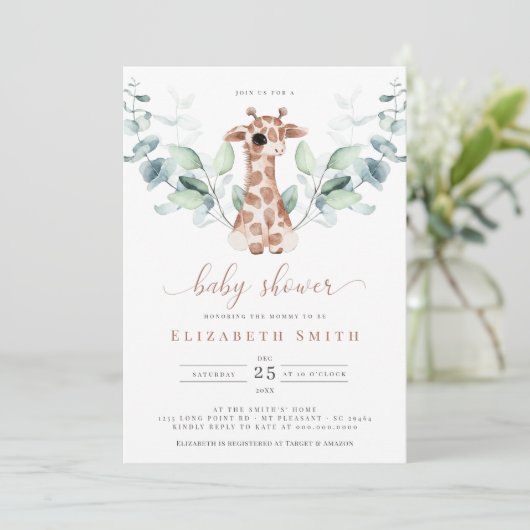 Giraffe Safari Eucalyptus Watercolor Baby Showroom Einladung (Stehend Vorderseite)