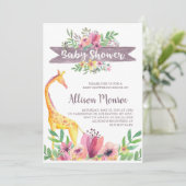 Giraffe Safari Floral Watercolor Babydusche Einladung (Stehend Vorderseite)