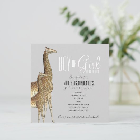 Giraffe Safari GENDER REVEAL Babydusche Einladung (Stehend Vorderseite)