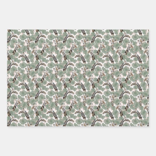 Giraffe Safari Tier Botanischer Gemusterter Geburt Geschenkpapier Set (Vorderseite)