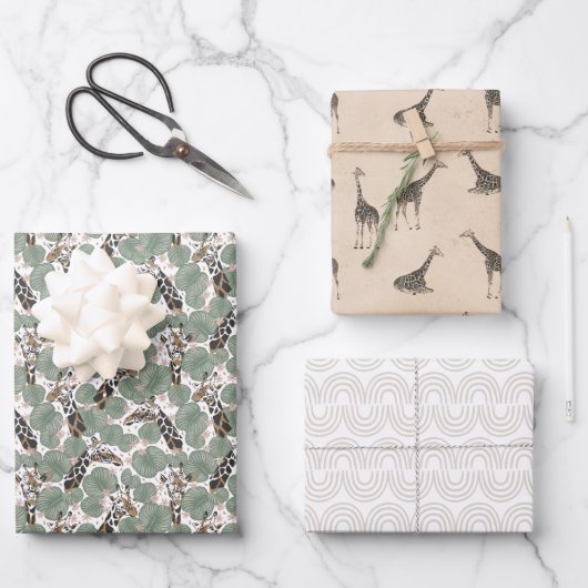 Giraffe Safari Tier Botanischer Gemusterter Geburt Geschenkpapier Set (Vorderseite)
