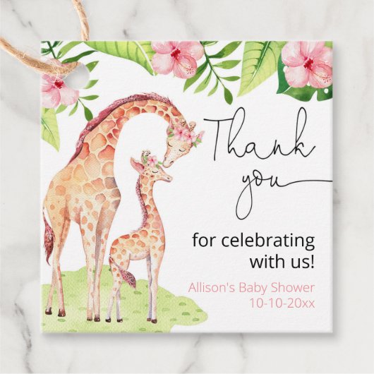 Giraffe Safari tropische, rosa grüne Babydusche Geschenkanhänger (Vorderseite)