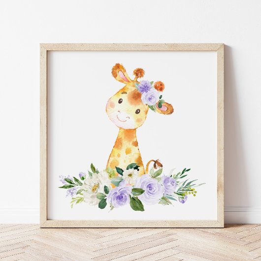 Giraffe, Safari, violette Blumen, neutrale Geschle Poster