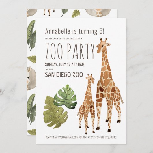 Giraffe Safari Zoo Party Kindergeburtstag Einladung (Vorne/Hinten)