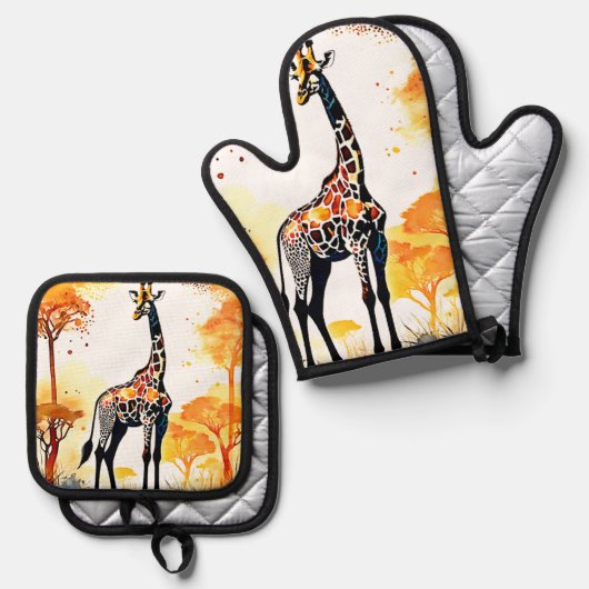Giraffe Savannah Art Ofenhandschuh & Topflappen-Set (Vorderseite/Rückseite)