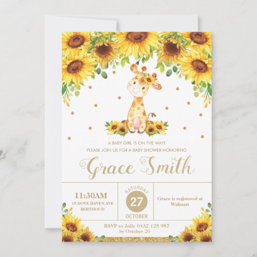Giraffe Sonnenblumenblütendusche Girl Einladung (Vorderseite)