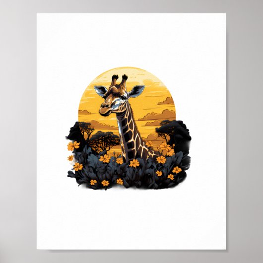 Giraffe Sonnenuntergang Florale Tierkunst Savanne Poster (Vorne)