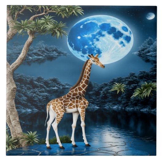 Giraffe Stehend durch Fluss Under Moonlit Sky Fliese (Vorderseite)
