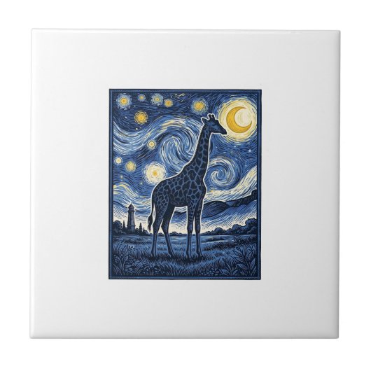 Giraffe Sternennacht Vintage Fliese (Vorderseite)