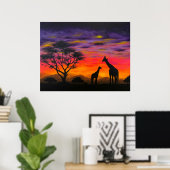 Giraffe Sunset Giraffe Landschaftlich Art Poster P (Heimbüro)