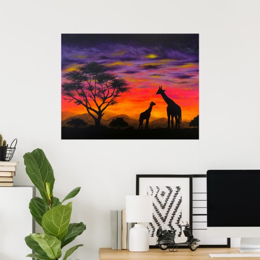 Giraffe Sunset Giraffe Landschaftlich Art Poster P (Heimbüro)