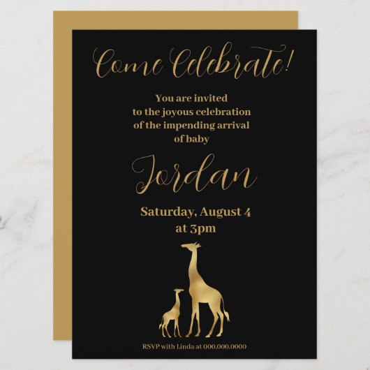 Giraffe Theme Baby Shower Black and Gold Einladung (Vorne/Hinten)