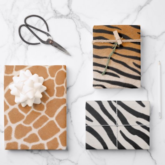 Giraffe Tiger & Zebra Fur Realistische Tierdrucke Geschenkpapier Set (Vorderseite)