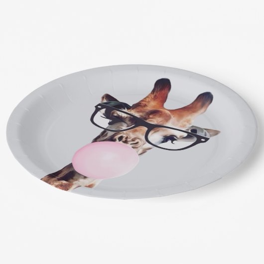 Giraffe Tragend Brillen Blasen Pink Bubble gum Pappteller (Schrägansicht)