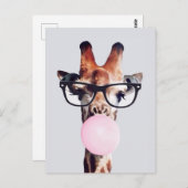 Giraffe Tragend Brillen Blasen Pink Bubble gum Postkarte (Vorne/Hinten)