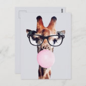 Giraffe Tragend Brillen Blasen Pink Bubble gum Postkarte (Vorne/Hinten)