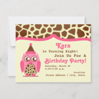 Giraffe u. rosa Eulen-Geburtstags-Party laden ein